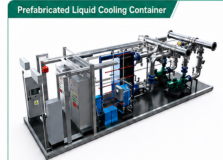 Prefabricated liquid cooling container internal system